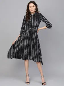 Indo Era Black & White Striped A-Line Midi Cotton Dress