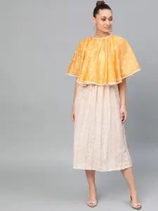 Indo Era Yellow & Beige Ethnic Motifs Embroidered A-Line Midi Dress