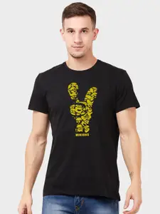 Free Authority Men Black Minions Printed Round Neck Pure Cotton T-shirt