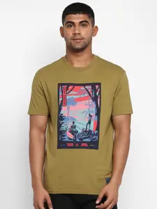 Royal Enfield Men Solid Dyed  Olive Green Printed Round Neck Pure Cotton T-shirt