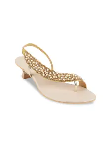 WALKWAY by Metro Women Gold-Toned & Off-White Embellished Beaded Block Heels