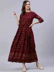 Nayo Burgundy Ethnic Motifs Maxi Dress