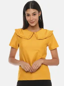 Campus Sutra Mustard Yellow Solid Peter Pan Collar Regular Top