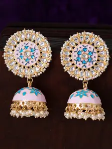 Sukkhi Pink & Blue Gold-Plated Kundan Studded & Beaded Meenakari Dome Shaped Jhumkas