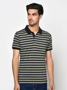 Octave Men Olive Green & Black Striped Polo Collar Cotton T-shirt