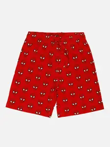 Kids Ville Boys Red Pure Cotton Spiderman Print Regular Shorts