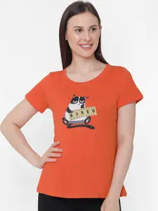 Soie Women Orange & Black Printed Lounge T-Shirt