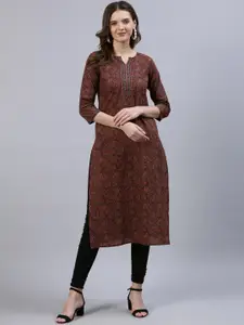 Nayo Women Maroon & Navy Blue Ethnic Motifs Printed Straight Kurta