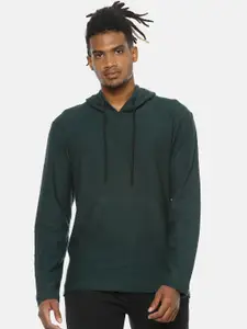 Campus Sutra Men Green Self-Striped Hooded Sweatshirt