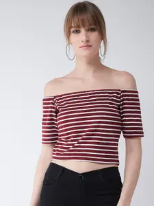 Miss Chase Red & White Striped Off-Shoulder Bardot Crop Top