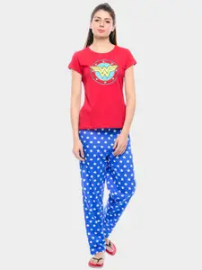Free Authority Women Red & Blue Wonder Woman Printed Cotton Night Suit