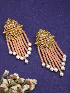 Yellow Chimes Peach-Coloured Gold-Plated Stone Studded & Beaded Tasselled Drop Earrings