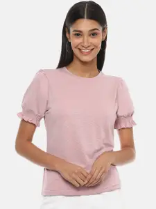 Campus Sutra Women Solid Peach-Coloured Regular Puff Sleeves Top
