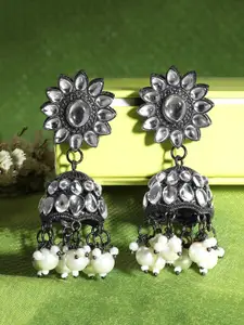 Yellow Chimes White & Gunmetal Toned Stone Studded Oxidised Dome Shaped Jhumkas