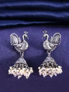 Yellow Chimes Oxidised White Silver-Plated Beaded Peacock Shaped Jhumkas