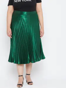 Uptownie Lite Plus Size Green Solid Accordian Pleated Satin Flared Midi Skirt