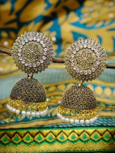 Crunchy Fashion Antique Gold-Plated Stone Studded & Beaded Dome Shaped Jhumkas