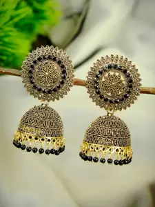 Crunchy Fashion Black Antique Gold-Plated Stone Studded & Beaded Dome Shaped Jhumkas