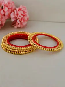 Silvermerc Designs Set Of 4 Gold-Plated & Red Rajputi Handcrafted Temple Bangles