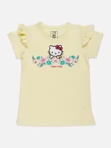 Kids Ville Girls Yellow & Pink Hello Kitty Print Ruffled Cotton Top