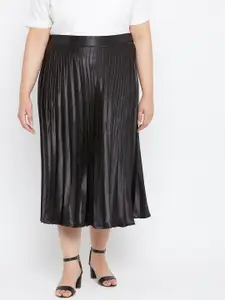 Uptownie Lite Plus Size Black Solid Pleated Flared Midi Satin Skirt