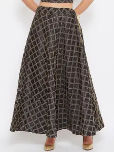 TULIP 21 Women Black & Gold-Coloured Embellished Pure Silk Flared Maxi Skirt