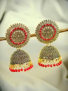 Crunchy Fashion Red Antique Gold-Plated Stone Studded & Beaded Dome Shaped Jhumkas