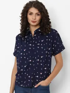 Allen Solly Woman Women Navy Blue Regular Fit Printed Cotton Casual Shirt