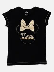 Kids Ville Mickey & Friends Featured Girls Black & Gold Printed Round Neck Cotton T-shirt