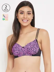 Clovia Pack of 2 Purple & Black Printed Non-Wired Lightly Padded T-shirt Bra COMBRC77432B