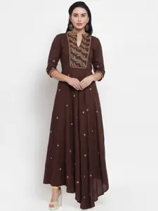 Purple State Brown Floral Embroidered Ethnic Maxi Dress