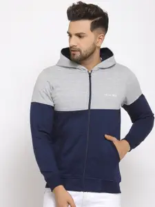 Kalt Men Navy Blue & Grey Colourblocked Fleece Sweatshirts