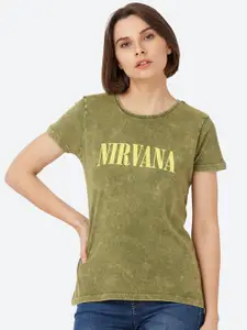 Free Authority Women Olive Green Nirvana Printed Cotton T-shirt