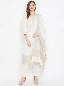 Safaa White & Beige Pure Cotton Jacquard Chikankari Woven Design Unstitched Dress Material For Summer