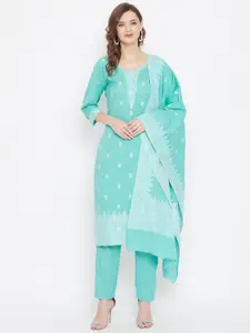 Safaa Sea Green & White Woven Design Pure Cotton Unstitched Dress Material