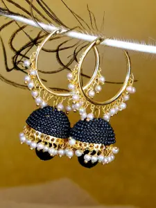 Crunchy Fashion Gold-Plated & Black Beaded Dome Shaped Handcrafted Jhumkas