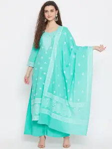 Safaa Sea Green & White Pure Cotton Jacquard Chikankari Woven Design Unstitched Dress Material For Summer