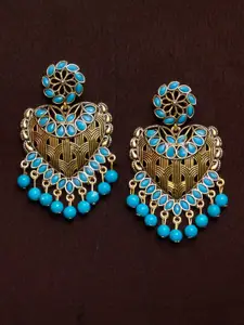 Crunchy Fashion Gold-Plated & Blue Heart Shaped Kundan Dangler Drop Earrings