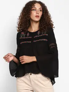 Taurus Black Geometric Embroidered Flared Sleeves A-Line Top