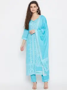 Safaa Blue & White Pure Cotton Woven Design Unstitched Dress Material For Summer