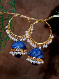Crunchy Fashion Gold-Plated & Blue Beaded Dome Shaped Handcrafted Jhumkas