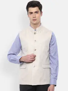 Van Heusen Beige Waistcoat Solid Linen Nehru Jacket