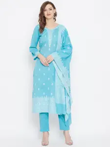 Safaa Blue & White Pure Cotton Chikankari Jacquard Woven Design Unstitched Dress Material For Summer