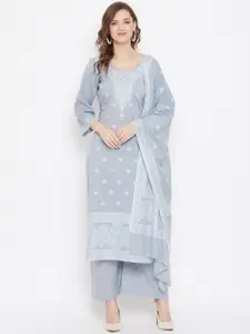 Safaa Grey & White Pure Cotton Jacquard Chikankari Woven Design Unstitched Dress Material For Summer