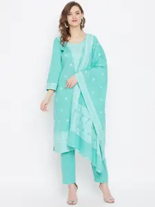 Safaa Sea Green & White Pure Cotton Woven Design Unstitched Dress Material For Summer