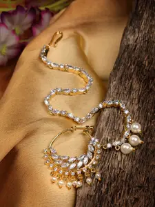 Saraf RS Jewellery Gold-Plated White AD-Studded Pearl Beaded Handcrafted Light Weight Vilandi Nose Ring