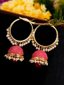 Crunchy Fashion Gold-Toned & Pink Hoop Jhumkas
