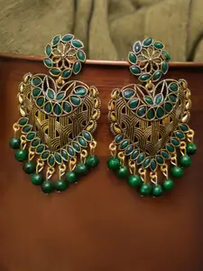 Crunchy Fashion Gold-Plated & Green Heart Shaped Kundan Dangler Drop Earrings