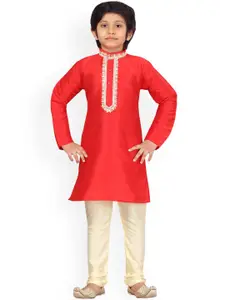 LITTLE MAFIA BY Aarika Boys Red Regular Pathani Pure Silk Kurta with Pyjamas