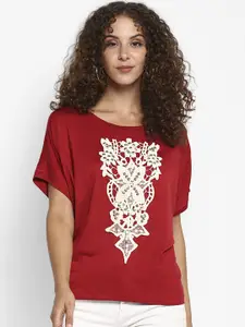 Taurus Red Regular Embroidered Top